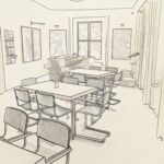 Eine Blick in den Ausstellungsraum des Bohnhoeffer Haus im Stil einer Strichzeichnung