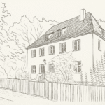 Eine Außenansicht des Bohnhoeffer Haus im Stil einer Strichzeichnung