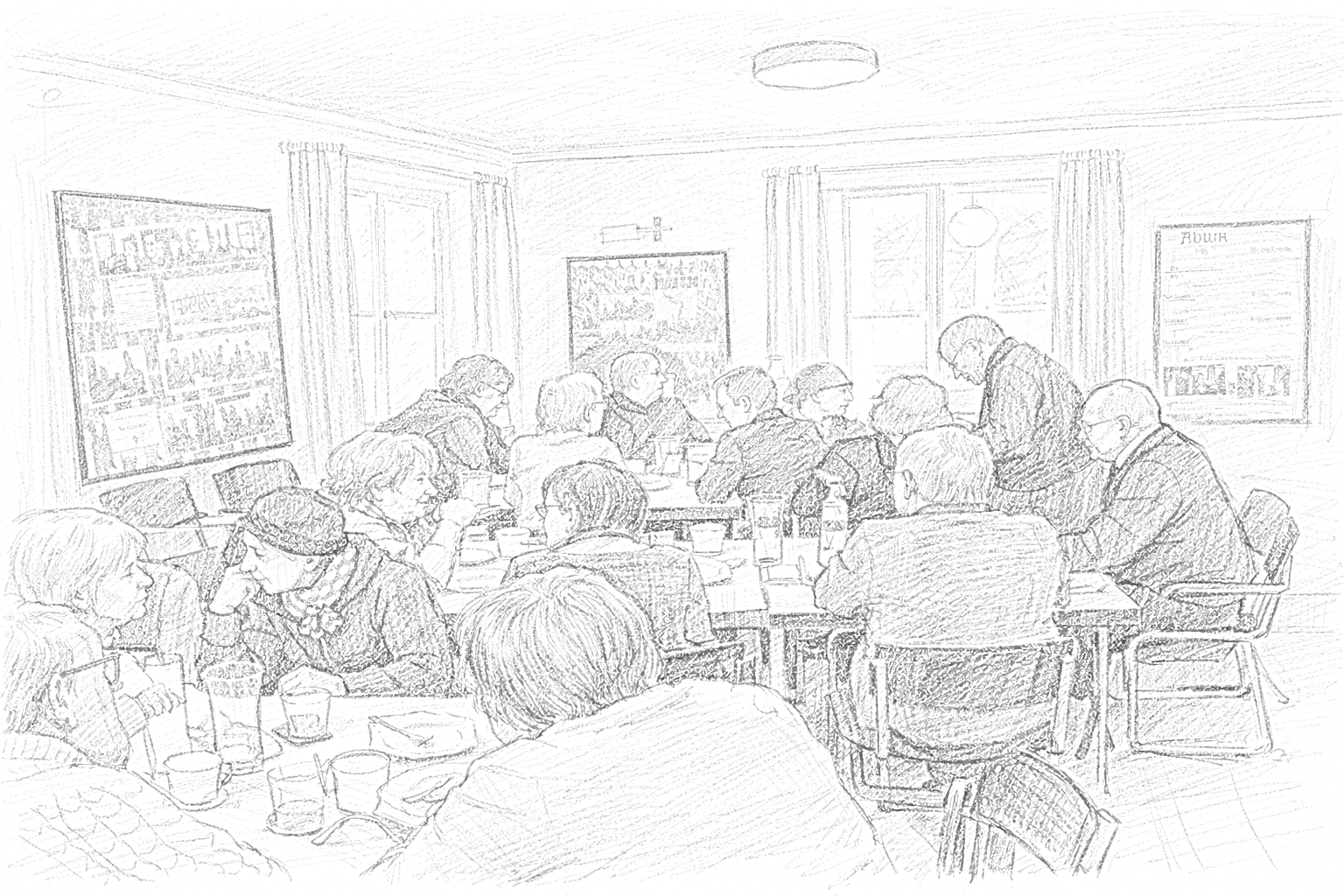 Zeichnung: Menschen sitzen an Tischgruppen beim Essen im Ausstellungsraum des Bonhoeffer-Hauses