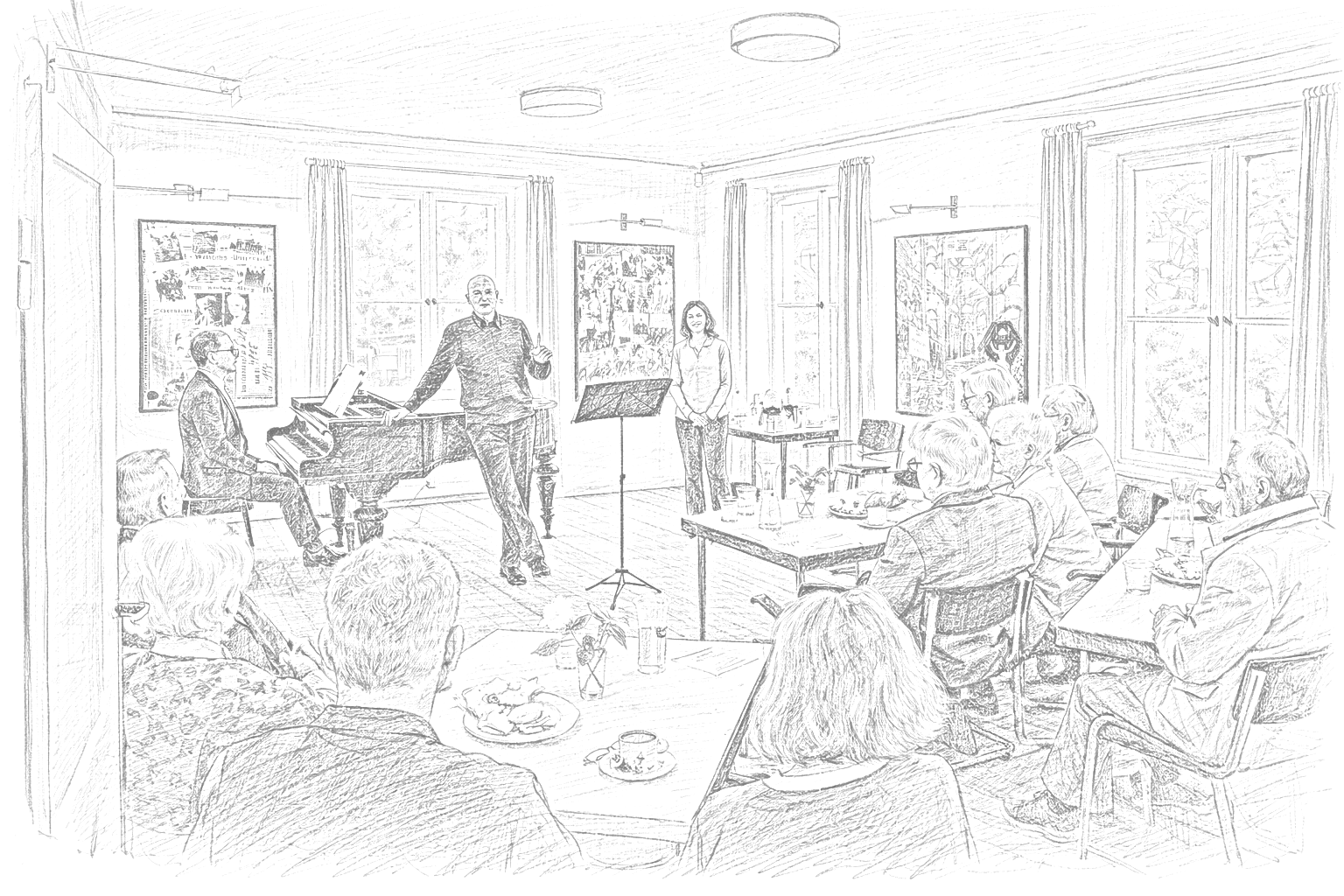 Zeichnung: Menschen sitzen an Tischgruppen und verfolgen eine musikalische Veranstaltung am Klavier