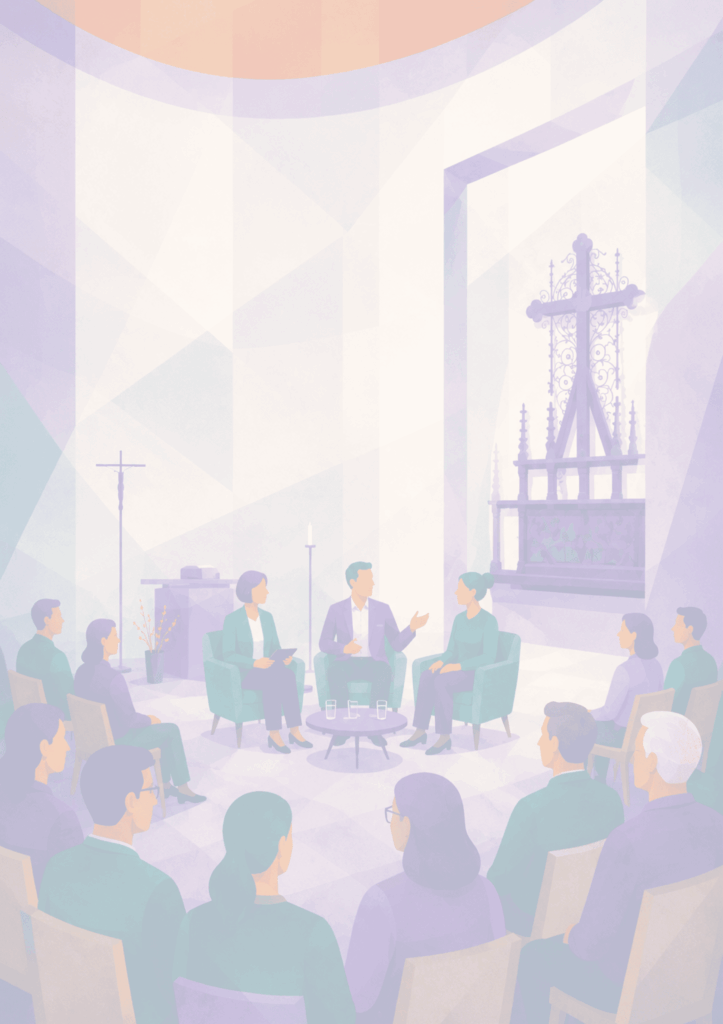 abstrakt gestaltetes Bild einer Diskussionsrunde in der Kapelle der Versöhnung