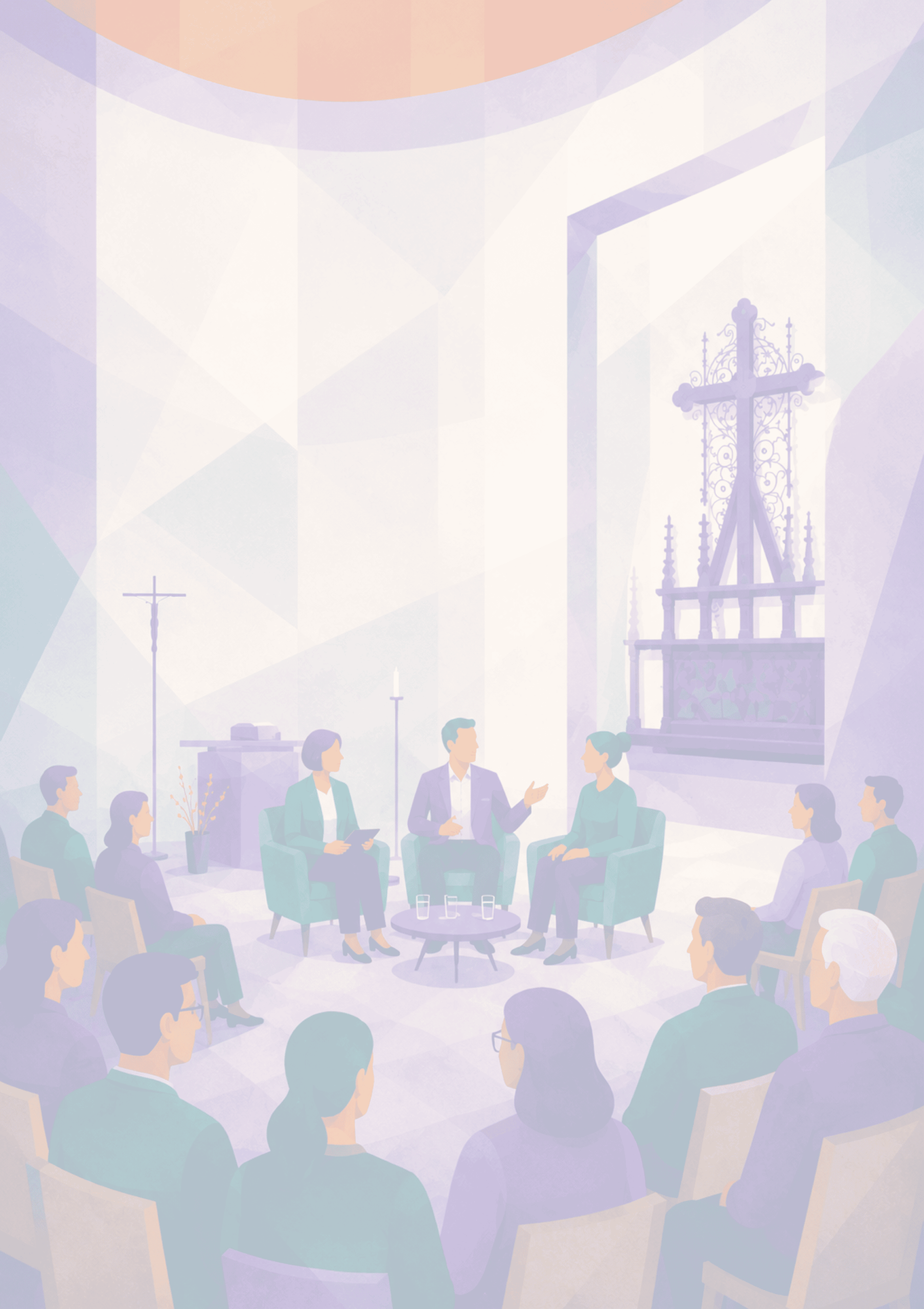 abstrakt gestaltetes Bild einer Diskussionsrunde in der Kapelle der Versöhnung
